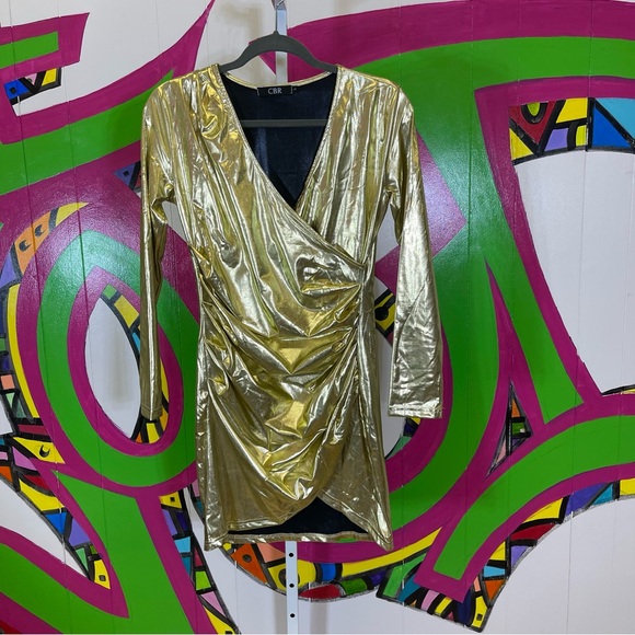 CBR, Shiny Gold Long Sleeve Body Con Mini Dress. Size Large. Excellent condition - Picture 1 of 4